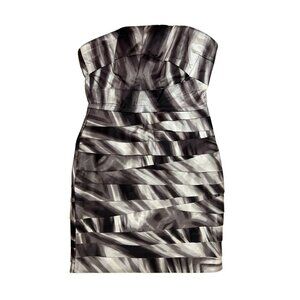 BEBE Dress Tiered Layered Overlay Brown Abstract Strapless Above Knee - Size S